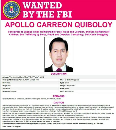 Apollo Quiboloy on FBI’s ‘most wanted’ list .